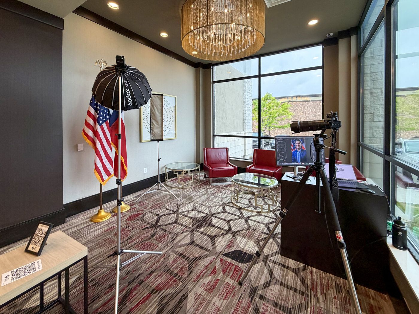 Portable headshot studio set up in a conference room at a Dallas office